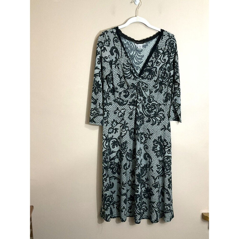 Dress Barn Lace Print Midi Dress 14 Grey Witch Goth Dark Cottage Grunge